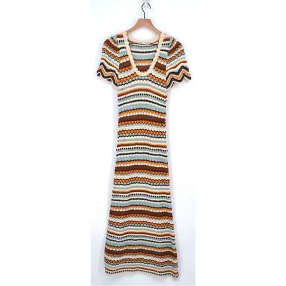 Zara Crochet Knit Maxi Dress Scallop Puff Sleeve Striped Blue Cream Women's S - Picture 2 of 8